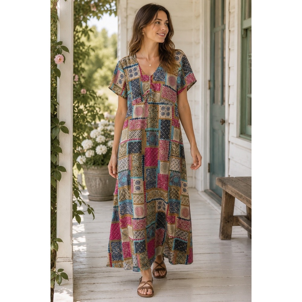 Emma James Liz Claiborne Moroccan Spice Patchwork Maxi Dress V-Neck Size 12